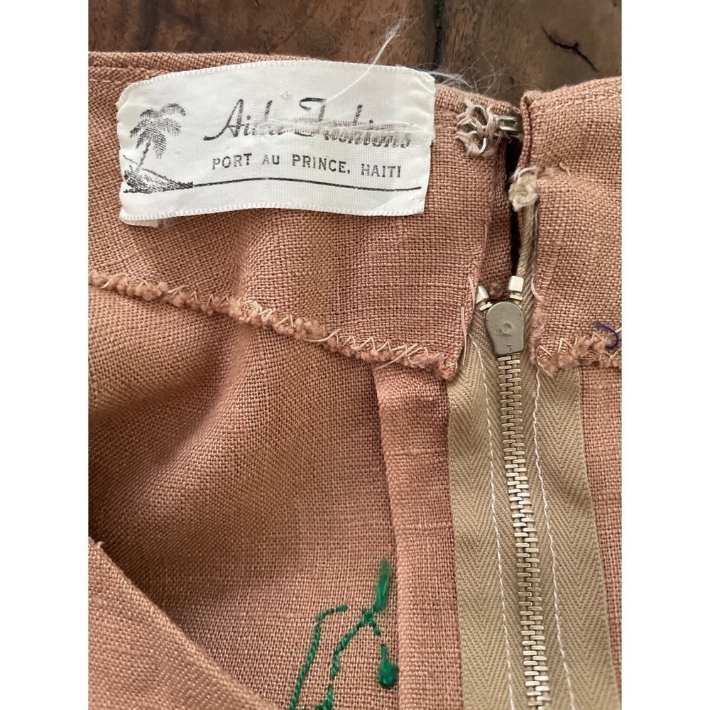Vintage 60’s 70’s Hand Stitch Embroidery Floral Colorful Garden Sheath Tan Dress - Picture 3 of 15